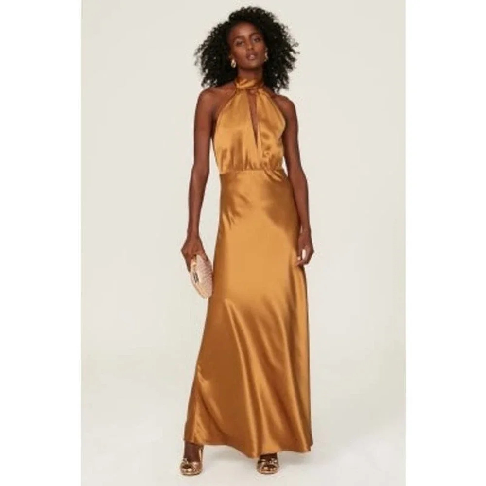 Something Navy Orange Halter Cutout Formal Bridesmaid Wedding Guest Gown Size XS